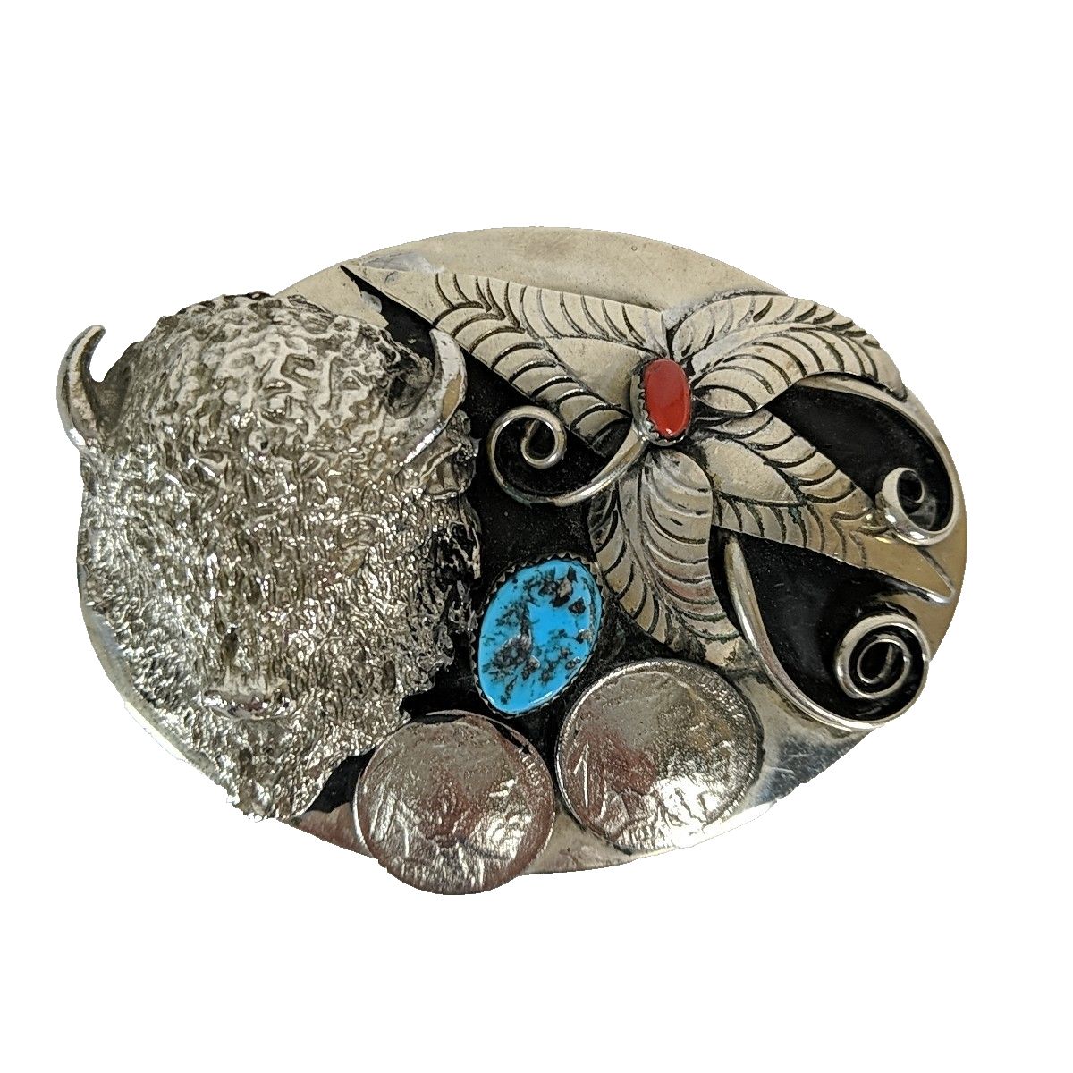 Keams Chee Navajo Belt Buckle Buffalo Head 1937 Indian Coin Turquoise Coral Vtg